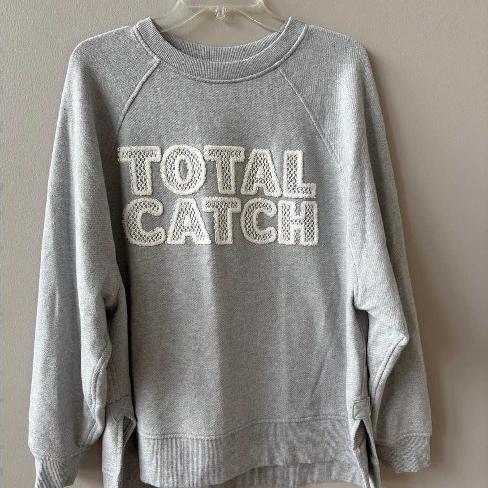 Aerie Oversized Gray Crew Neck Sweatshirt with Embroidered Text